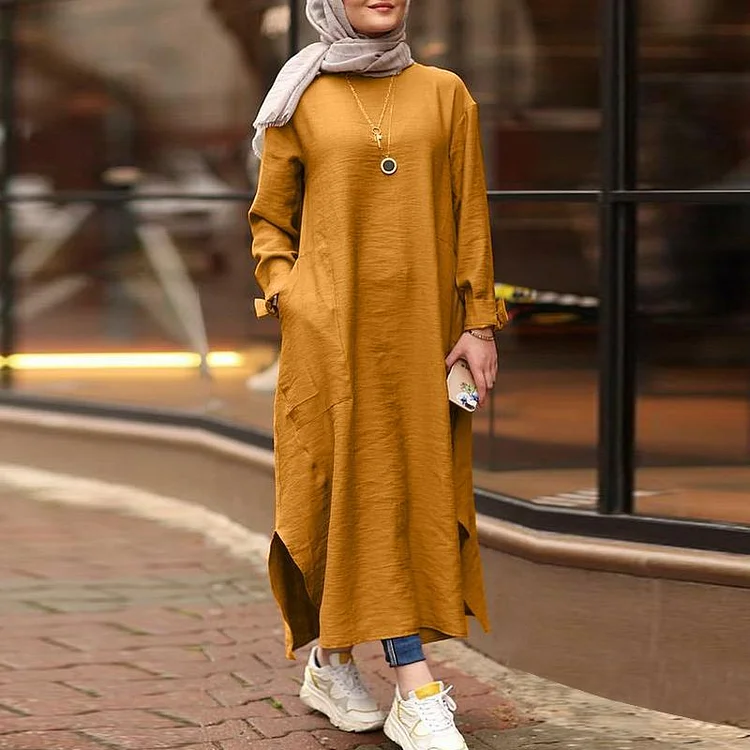 Simple Solid Color Long Sleeve Round Neck Midi Dress