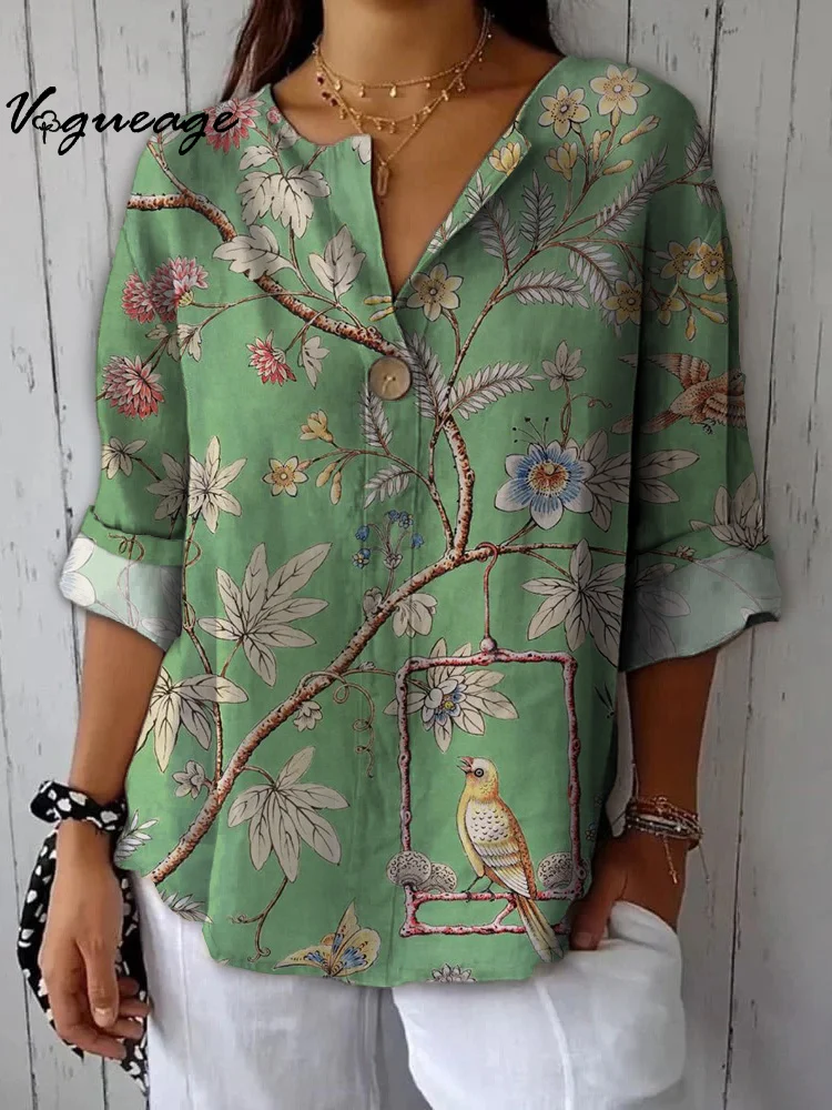 Elegant And Gentle Birds And Plants Printed Cotton And Linen Shirt