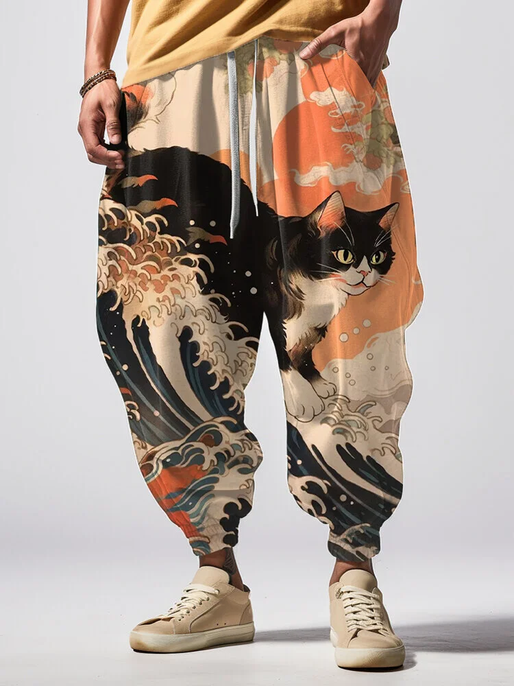 Men's Japan Art Sea Wave Cat Print Loose Drawstring Waist Sweatpants