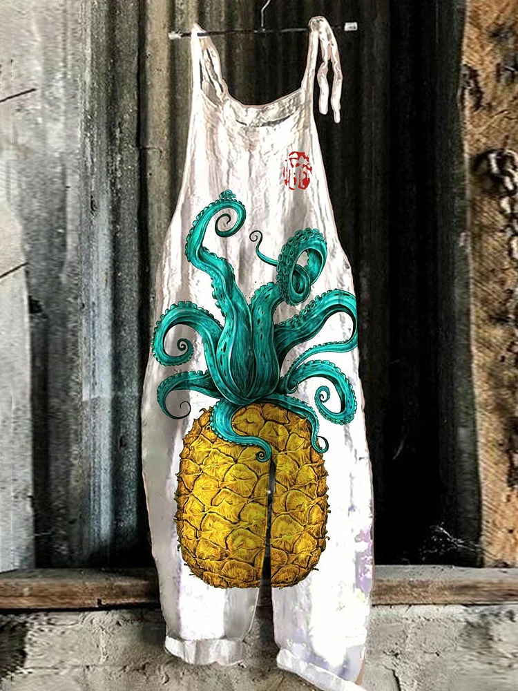 Pineapple Octopus Linen Blend Loose Casual Jumpsuit