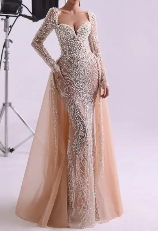Champagne Gold Radial Rhinestone Long-Sleeve Maxi Dress