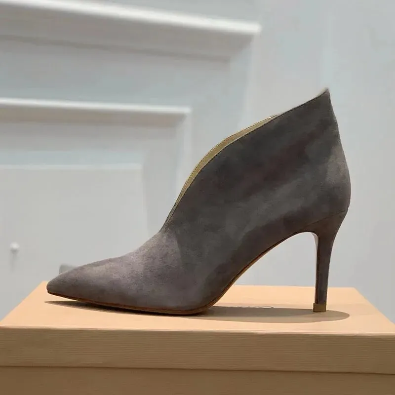 Red V Shape Ankle Boots Woman Pointed Toe Real Suede Leather 8CM High Heels Pumps Lady Party Shoes