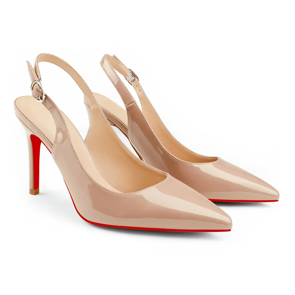 90mm Women's Pointed Toe Slingback Heels Red Bottoms Pumps Comfortable Dress Shoes-vocosishoes
