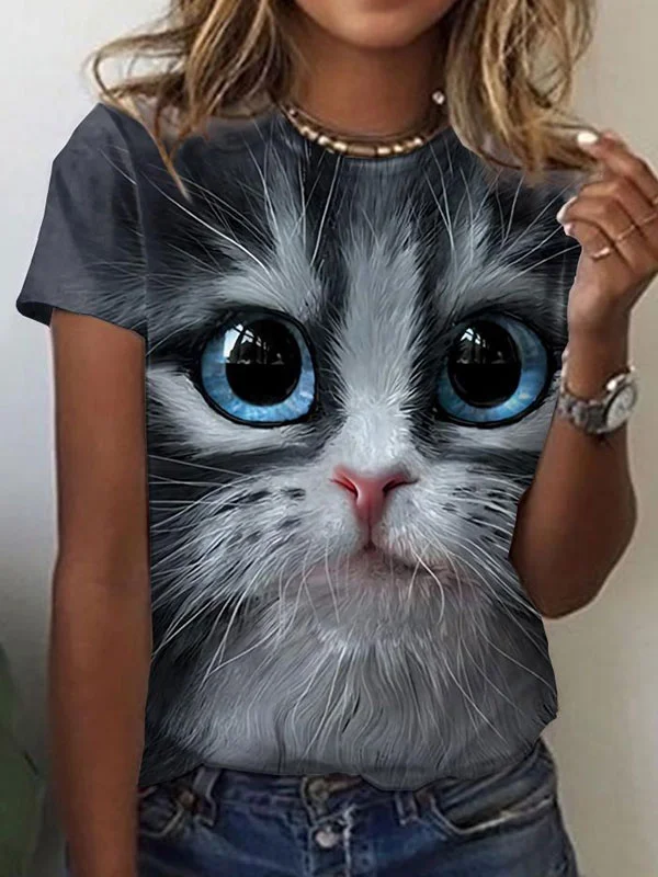 Coffee Cat Series 3D Printing T-Shirt Ladies Short Sleeve