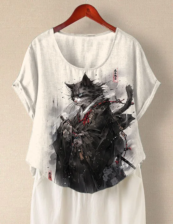 Women's Japan Cat Kimono Samurai Ink Painting Linen Blend Tee