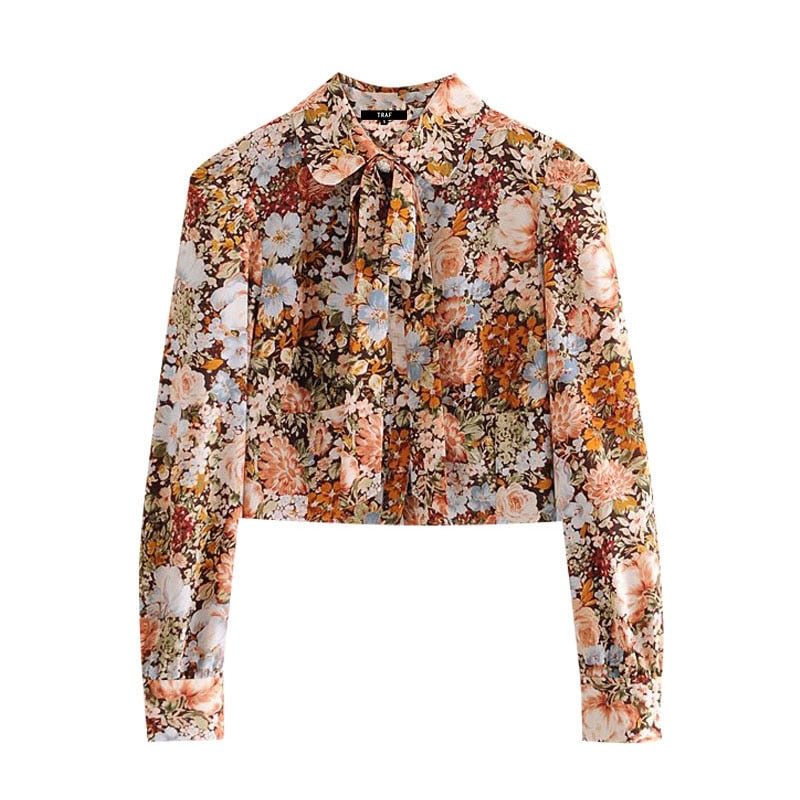 TRAF Women Fashion With Bow Tied Floral Print Cropped Blouses Vintage Long Sleeve Button-up Female Shirts Chic Tops