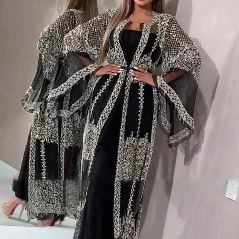 Uforever21 2023 Dubai Muslim Dress Luxury High Class Sequins Embroidery Lace Ramadan  Islam Kimono Women Black Dress