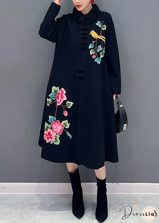 Women Black Button Print Patchwork Cotton Knit Coats Long Sleeve