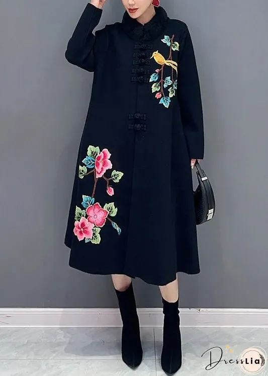 Women Black Button Print Patchwork Cotton Knit Coats Long Sleeve