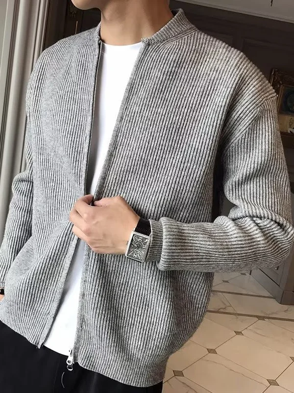 Men's Solid Color Rib Knitted Cardigan Casual Zip Up Sweater Coat