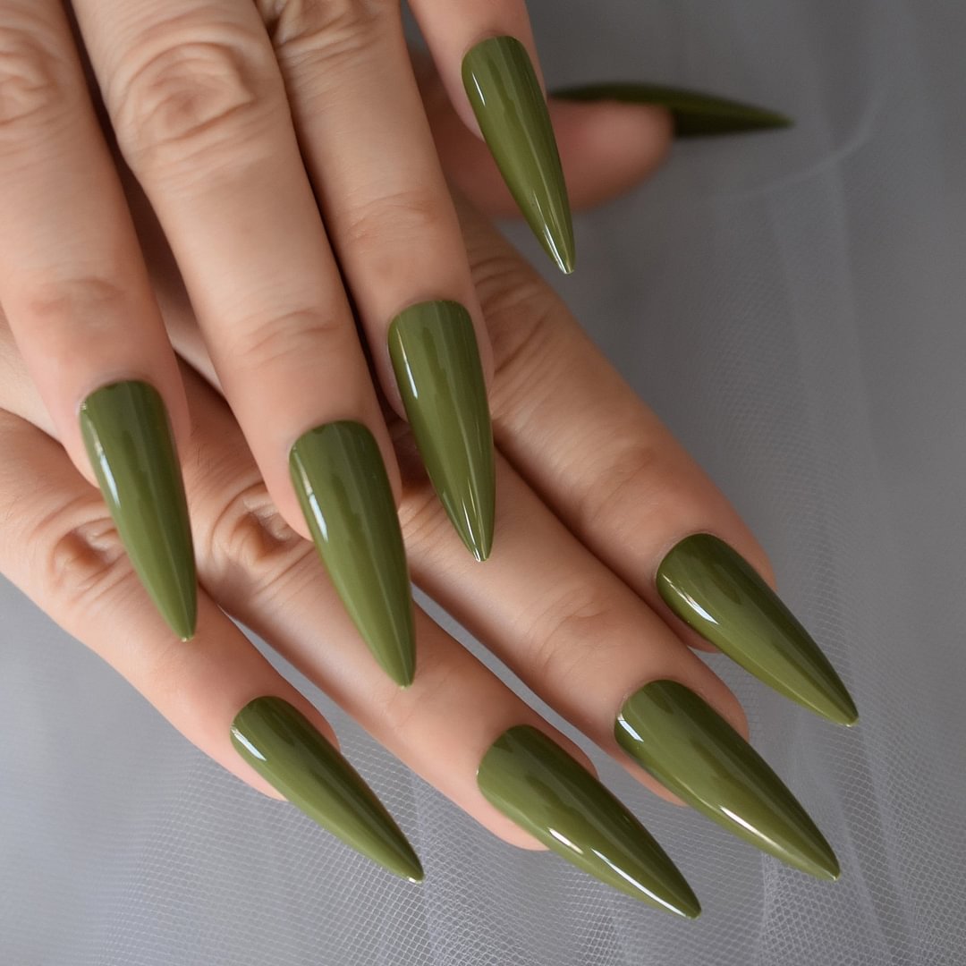 Dark Green Long Stiletto Artificial Press On Nails Sharp Full Cover Glossy Gel False Unas Acrylic Fake Nail Salon Finger Salon