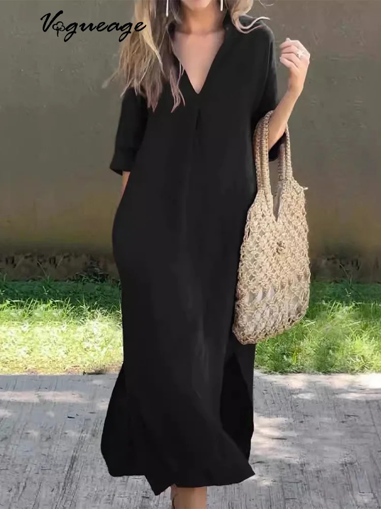 Three-Quarter Sleeves With Slit Pockets Women's Casual Cotton And Linen Dress
