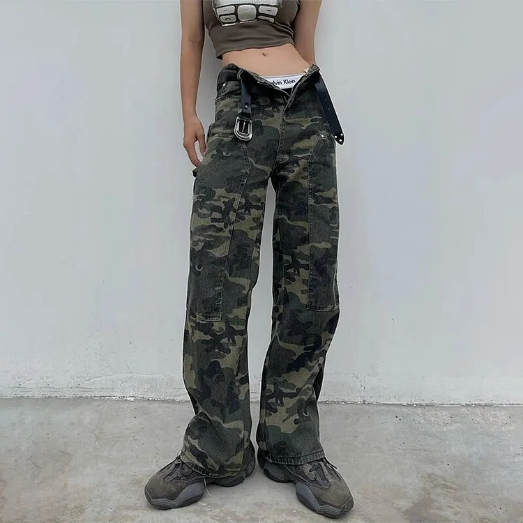 Vintage Camouflage Cargo Jeans Pants Men Demin Trousers Male Hip Hop Military Loose Casual Overalls Retro Streetwear