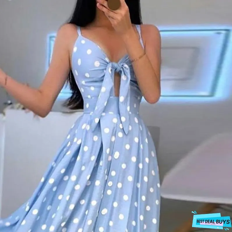 Elegant Backless Sling Boho Beach Party Dress Women Sexy V-Neck Hollow Out BowKnot Long Dress Summer Spring Polka Dot Maxi Dress