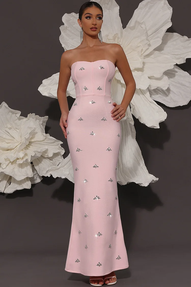 Rhinestone Embellished Strapless Fishtail Maxi Dress-Pink