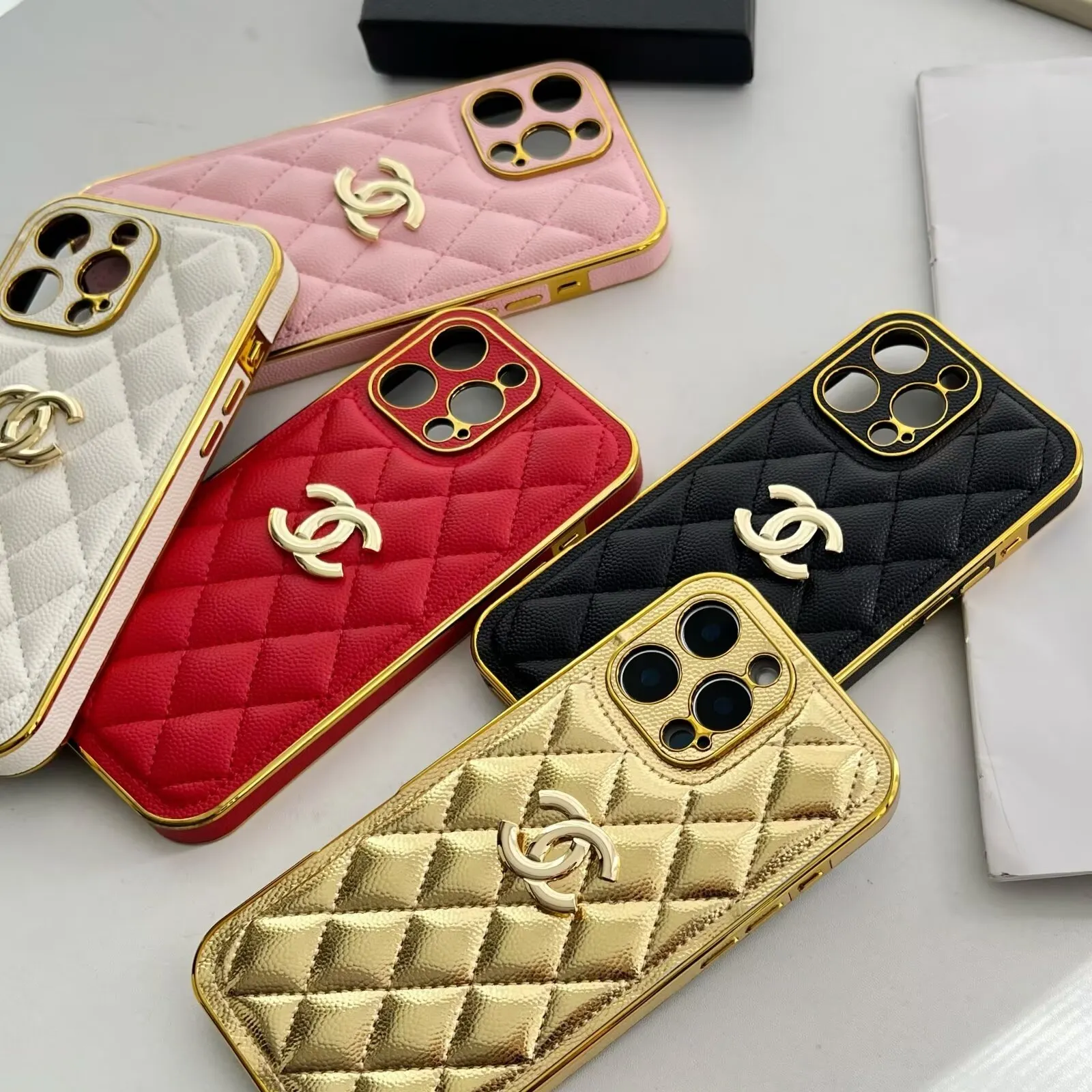 Classic Chanel Lambskin Diamond Leather Iconic Metal Label Apple iPhone Cover