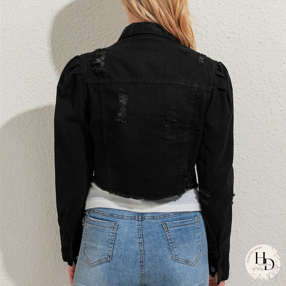 Women's Fashion Short Denim Jacket Puff Sleeve Denim Jacket
