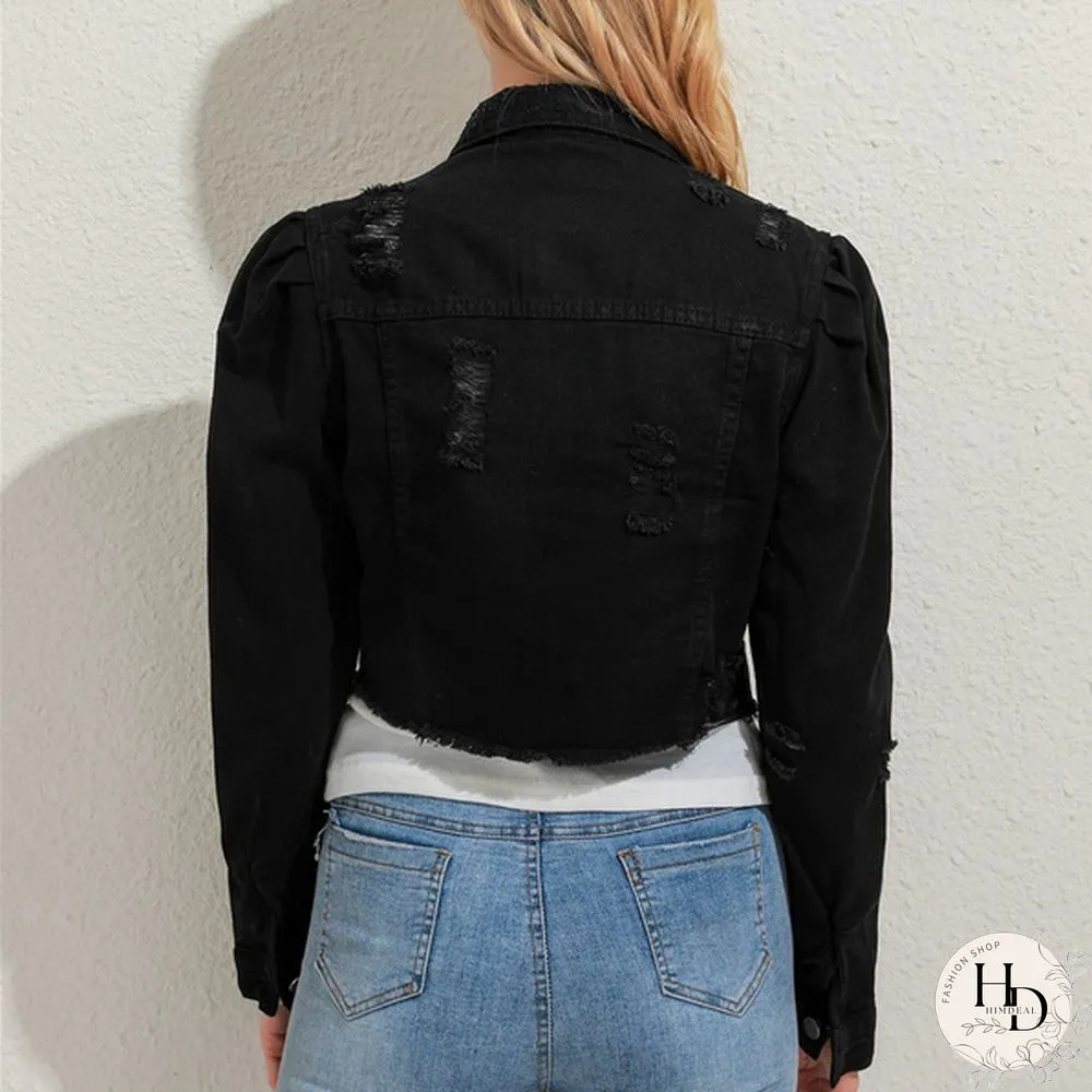 Women's Fashion Short Denim Jacket Puff Sleeve Denim Jacket
