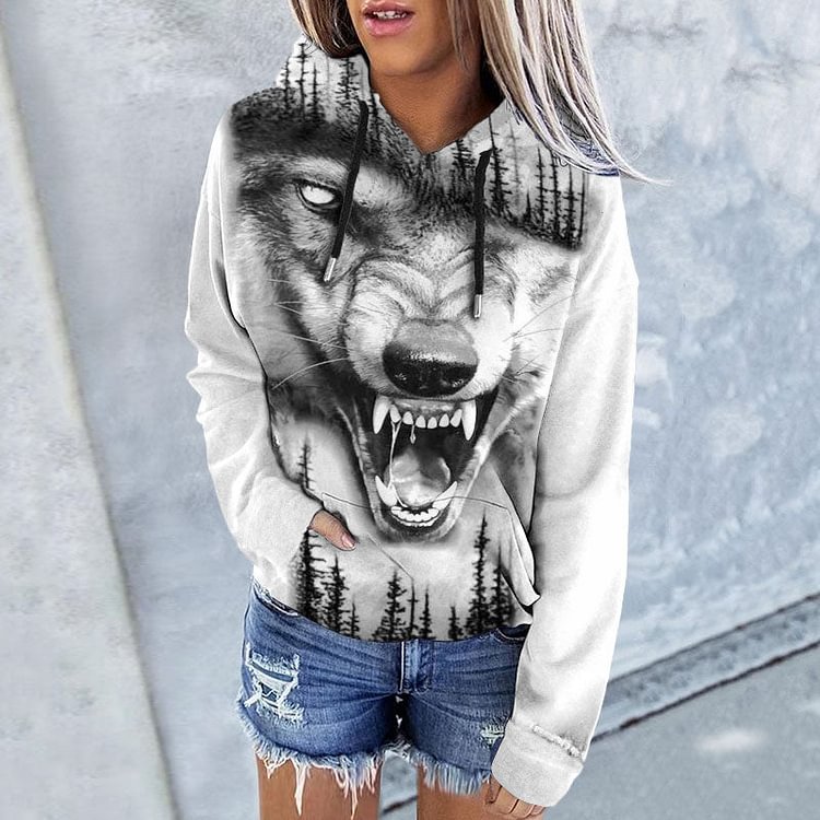 VChics Forest Silhouette Wolf Print Long Sleeve Hoodie