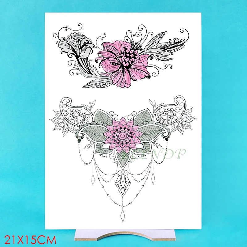 Sdrawing Temporary Tattoo Sticker peony flower diamond necklace fake tatto flash tatoo stickers art tattoos for girl women men