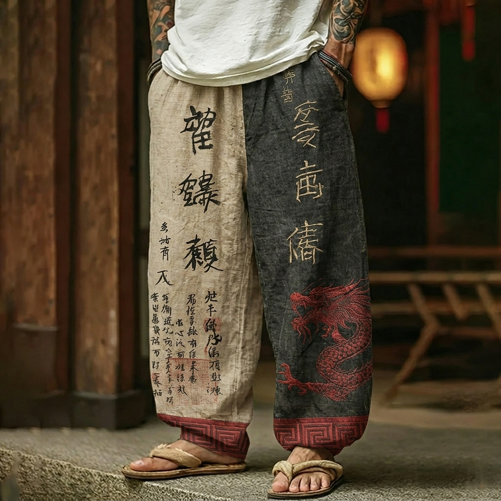 Men's Retro Japanese Calligraphy And Dragon Art Pattern Linen Blend Pants elevenforest