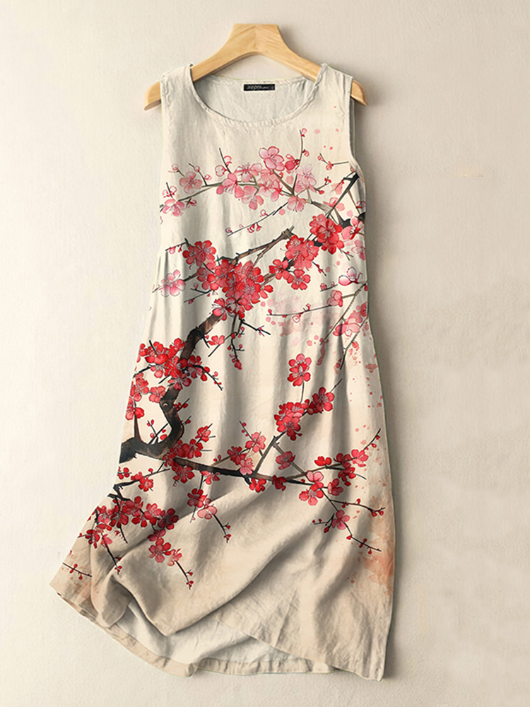 Comstylish Vintage Japanese Flower Print Sleeveless Cotton And Linen Midi Dress