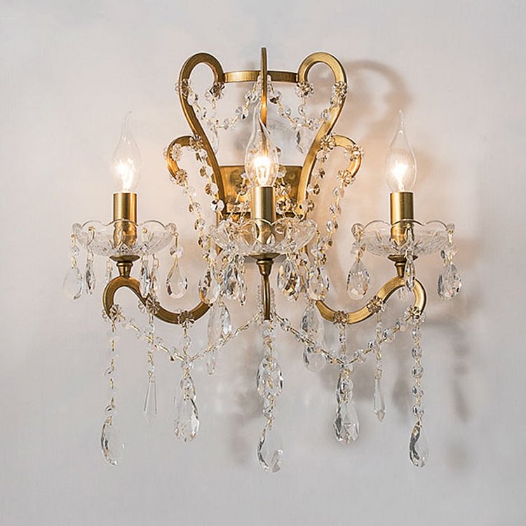 Metal Gold/Distressed White Wall Mounted Light Swooping Arm 3 Lights Lodge Sconce with Crystal Accent