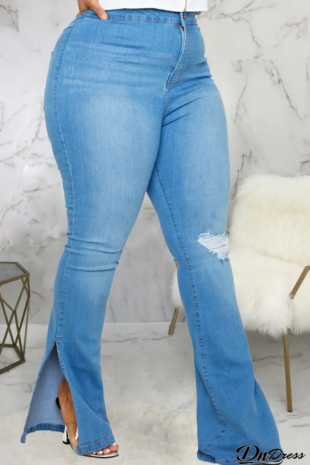 Blue Sexy Solid Ripped Slit Mid Waist Regular Denim