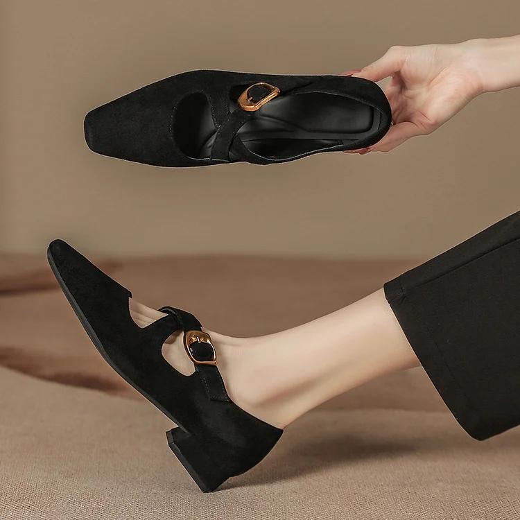 Leopard Pattern Cross Strap Buckle Square Toe Low Heels