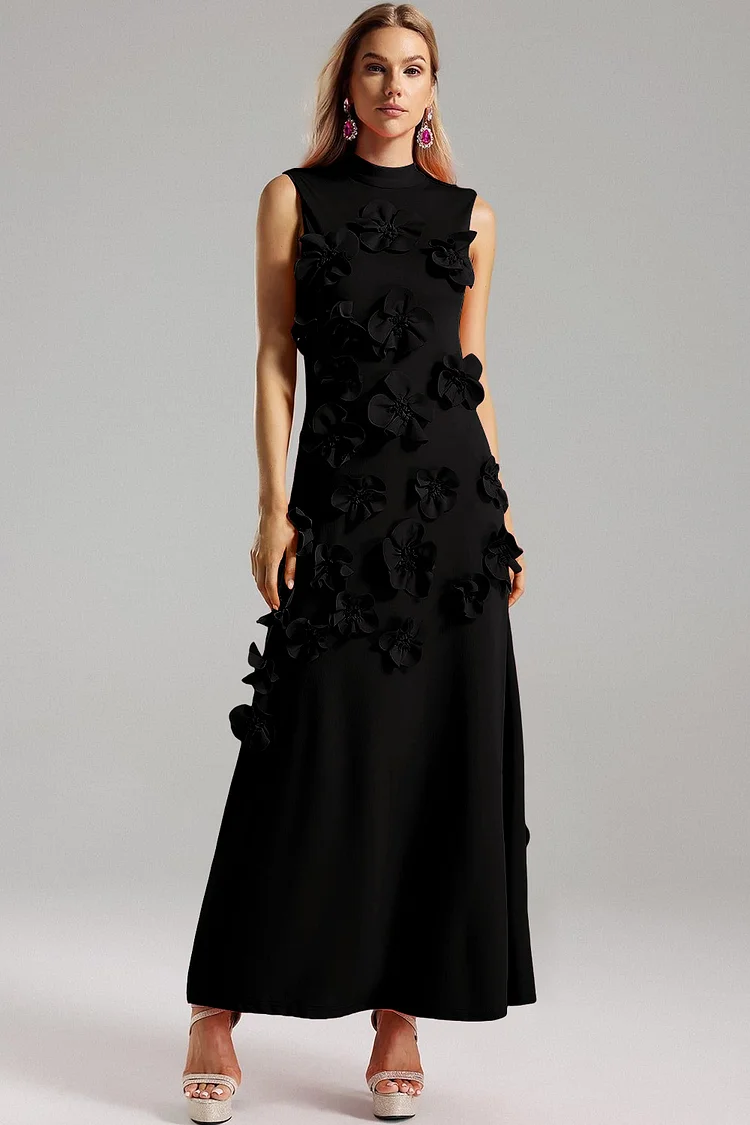 Formal Pink Sleeveless Mock Neck 3D Floral Maxi Dress