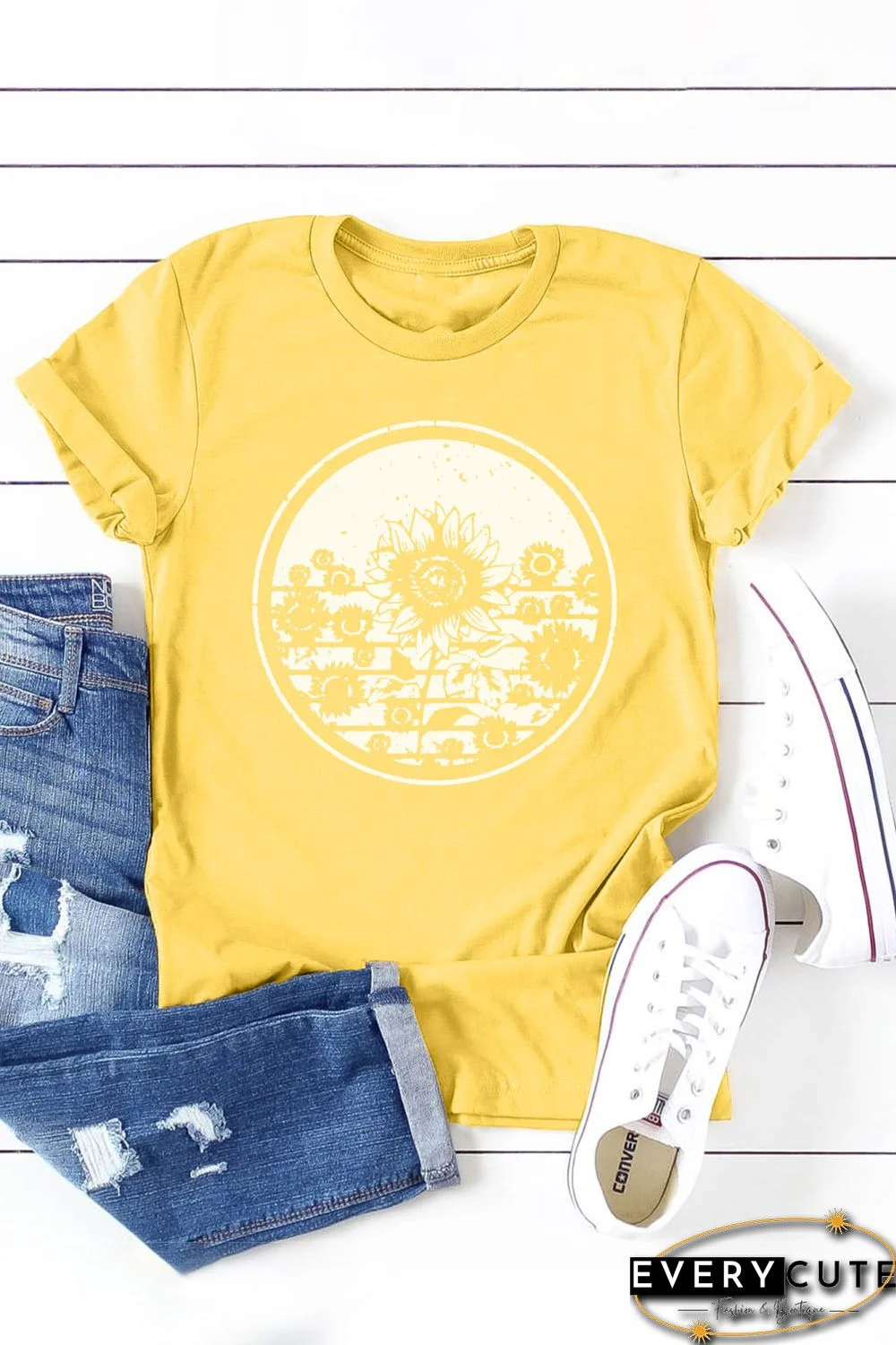 Yellow Sunflower Color Block Short Sleeve Graphic T Shirt