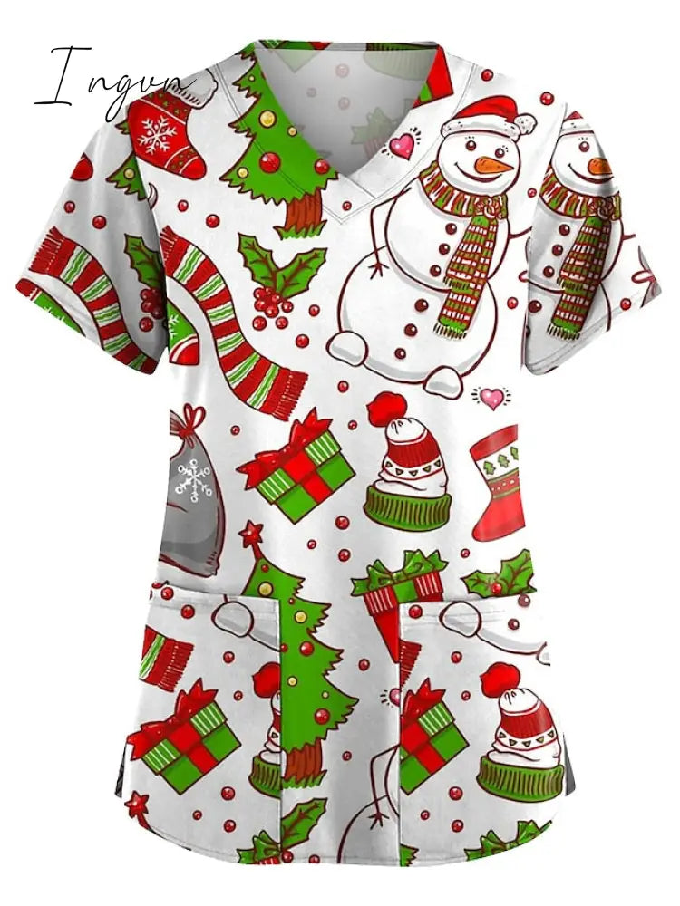 Ingvn - Christmas Scrub Tops Women Printing Short Sleeve V-Neck Working Uniform With Pocket