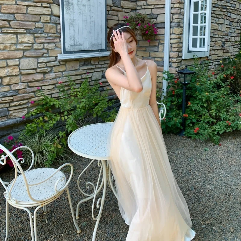 Billlnai  2023 Women Apricot Backless Slip Dress Sundress Summer  Elegant Fairy Casual Party Beach Vacation Long Runway Vestidos