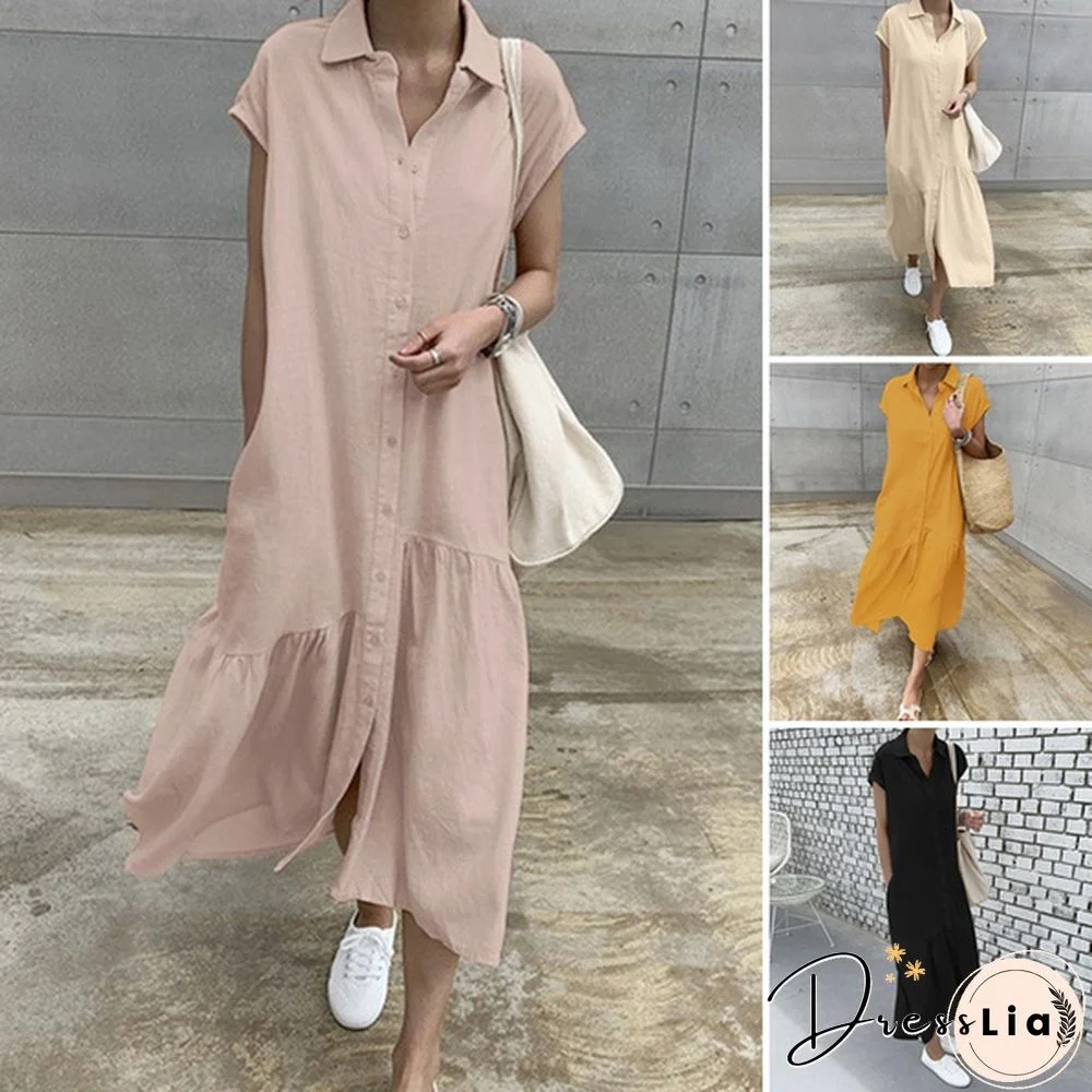 Women Loose Kaftan Cotton Short Sleeve Ruffles Long Shirt Dress Lapel Holiday Button Down Plain Plus Sundress