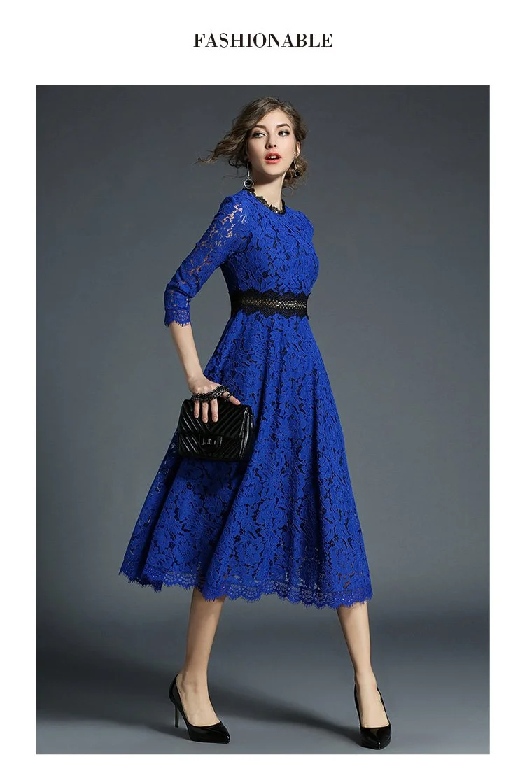 High-end boutique women's wind crochet flower hollow lace dress large swing dress