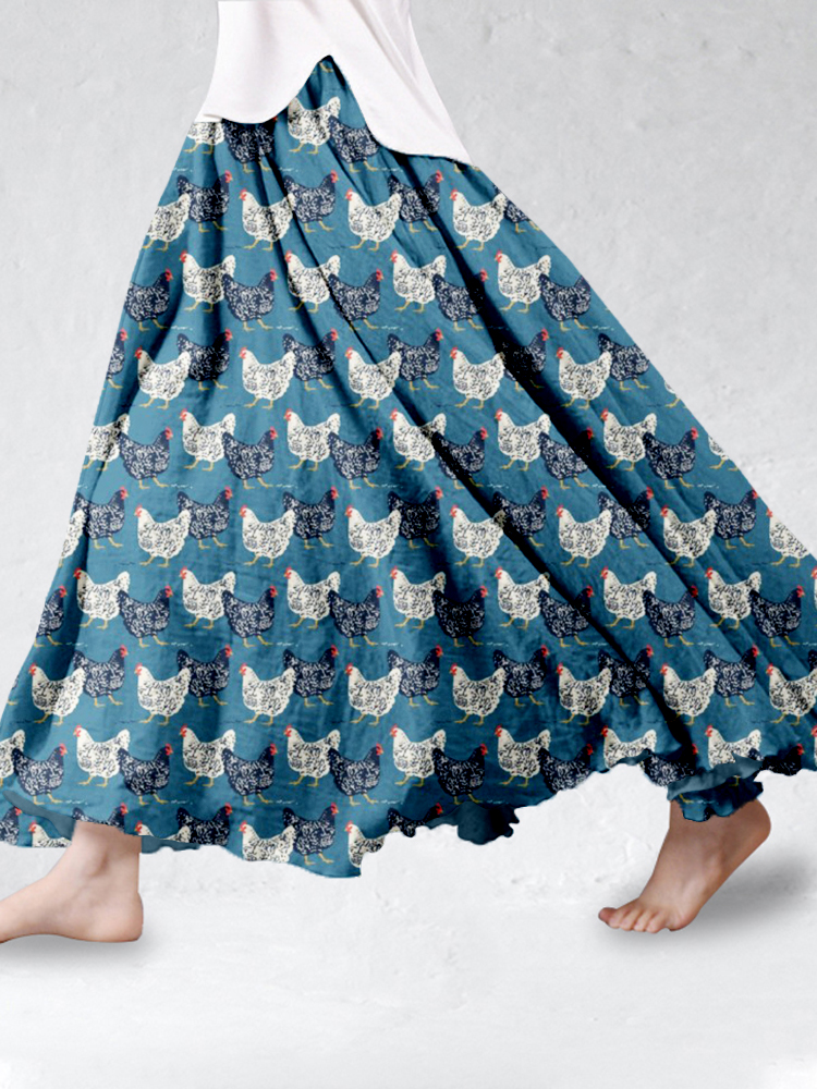 Comstylish Farmhouse Chickens Pattern Linen Blend Flowy Wide Skirt