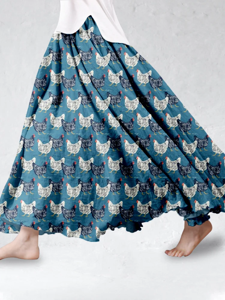 Farmhouse Chickens Pattern Linen Blend Flowy Wide Skirt