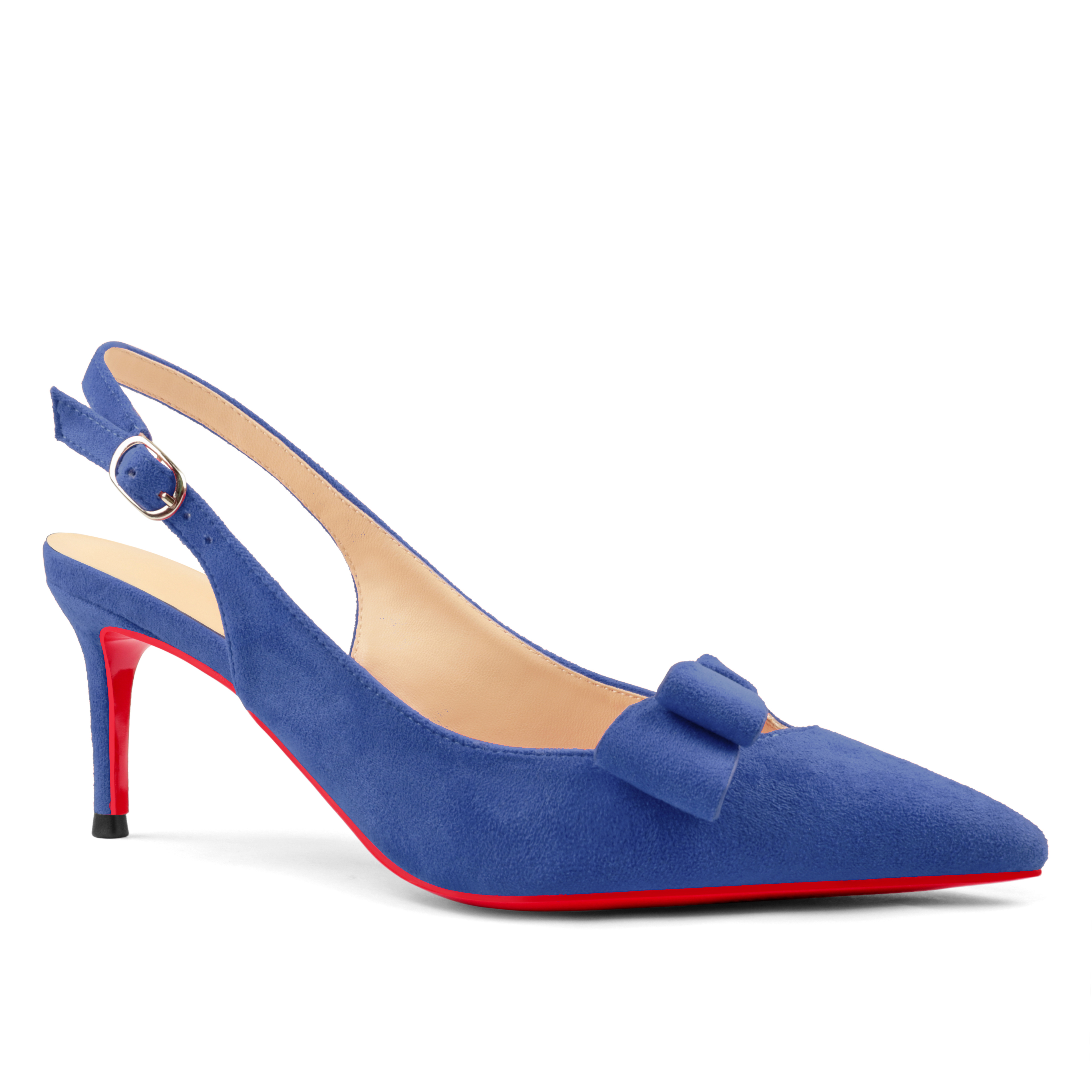 60mm Women's Pointed Toe Kitten Heels Bow-Knot Slingback Pumps Red Bottom Suede Sandals-MERUMOTE