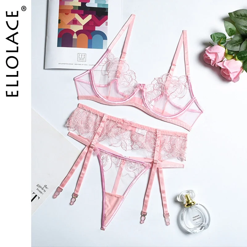 Ellolace Sexy Lingerie Women's Underwear See Through Sensual Lingerie Woman Exotic Costumes Bra with Bones Lingerie 3 Pieces