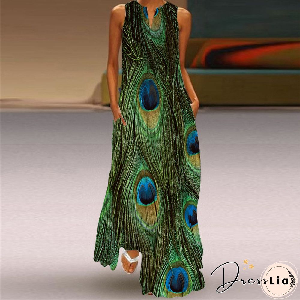 New Fashion Print Summer Dress Casual Sexy Boho Beach Women Party V-neck Sleeveless Pocket