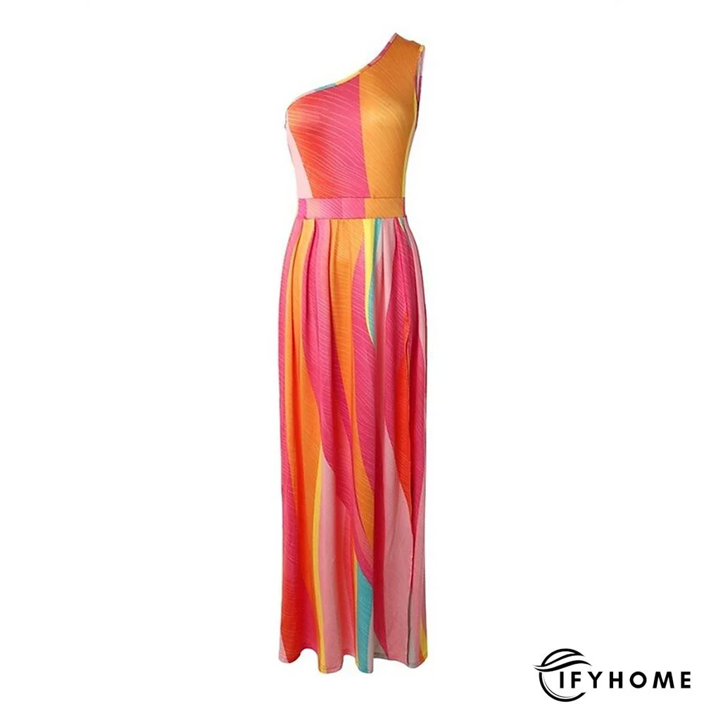 Women's Long Dress Maxi Dress A Line Dress Summer Dress Print Dress Floral Color Block Striped Fashion Streetwear Outdoor Daily Holiday Split Print Sleeveless One Shoulder Dress Slim Black Yellow | IFYHOME