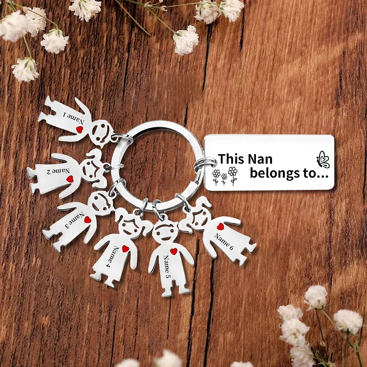 6 Names - Personalized Keychain with Kid Charms Engraved Names Keychain Mother's Day Gift for Mum/Nan
