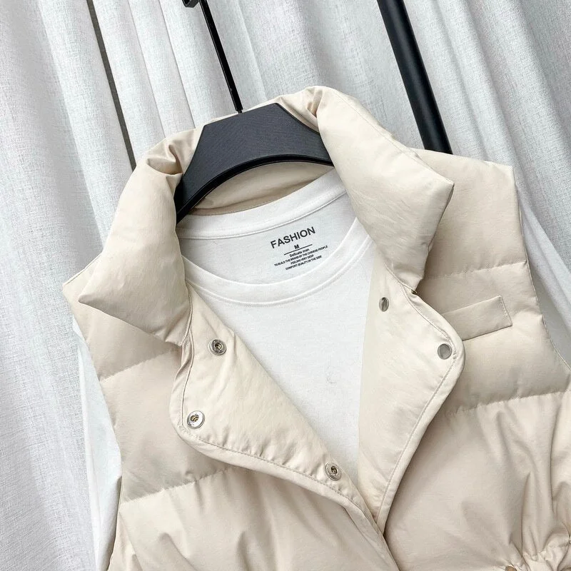 FTLZZ Winter Single Breasted Light Down Short Vest Jacket Women White Duck Down Coat Waist Retractable Pocket Sleeveless Outwear