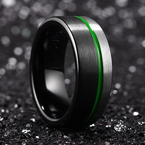 6MM 8MM Women's Or Men's Tungsten Carbide Wedding Matching Rings Green Plated Grooved Black and Silver Brushed and Comfort Fit
