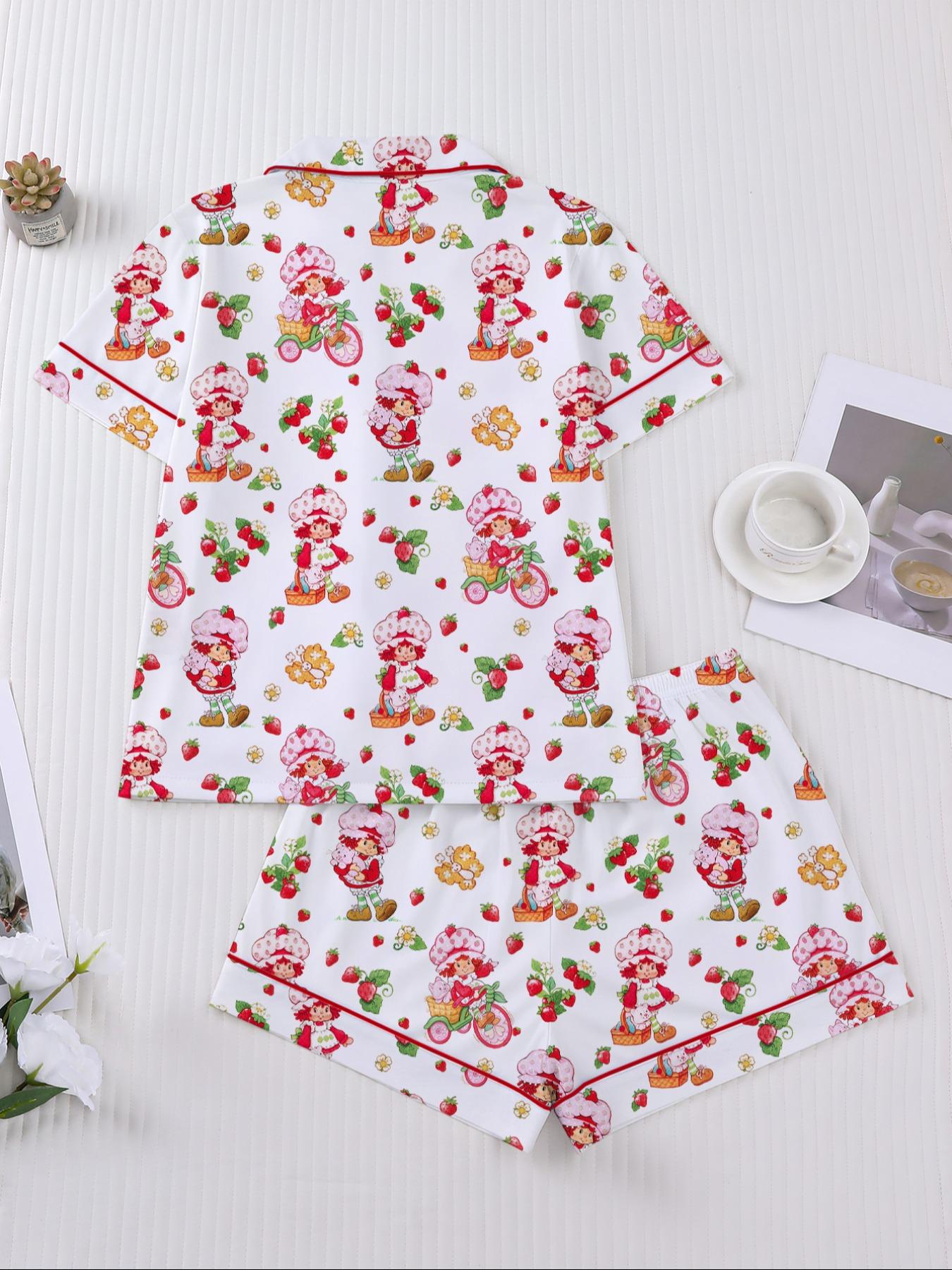 Women's Strawberry Cartoon Print Sleepwear Loungewear Set, Short Sleeve Button-Up Top & Elastic Shorts, Casual Home Wear for Daily Use