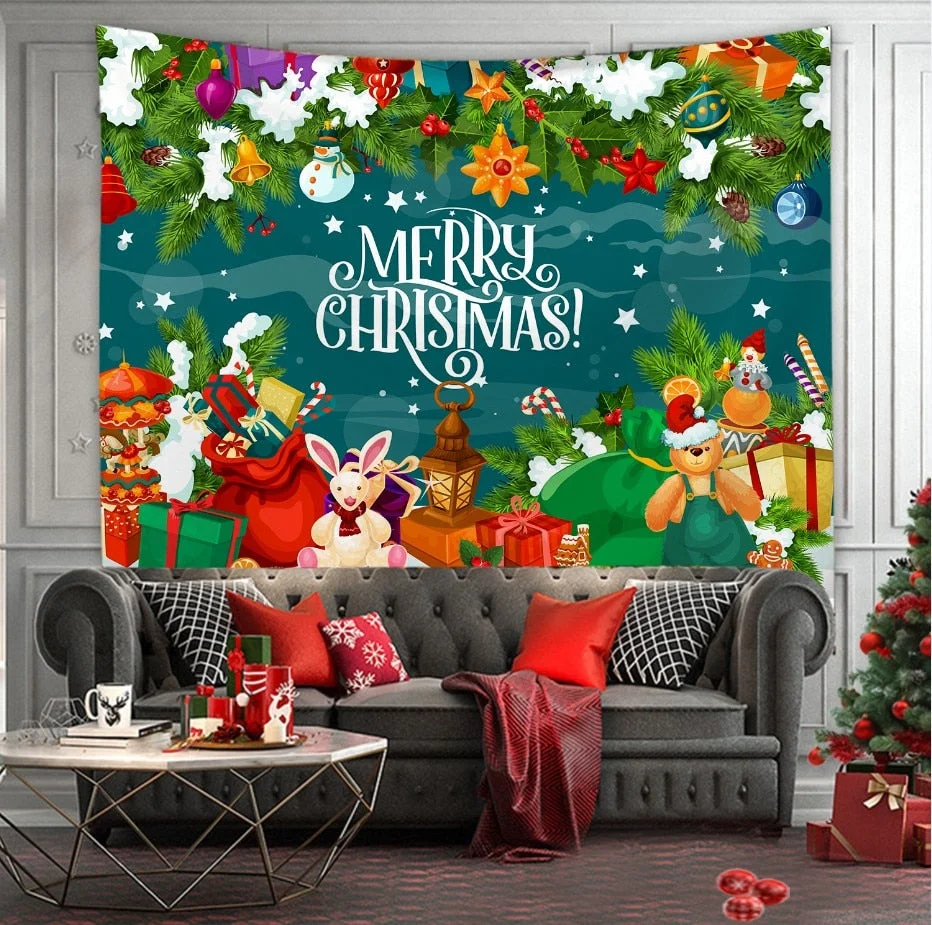 Christmas Tree Print Tapestry Wall Hanging Background Cloth Decor Red Santa Claus Polyester Tapestry Home Room Wall Decoration
