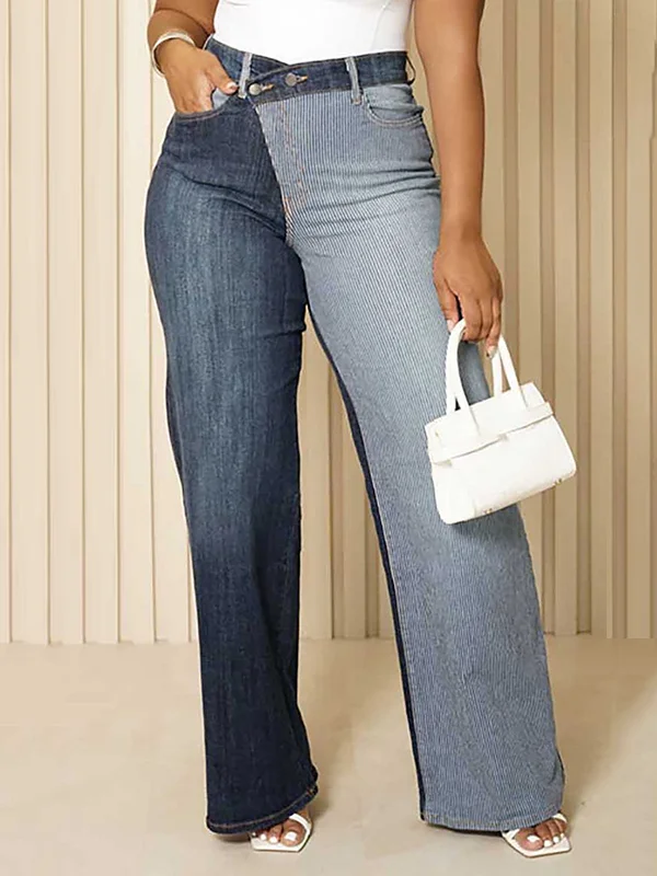 Asymmetric Split-Joint Striped Plus Size Skinny Jean Pants Bottoms