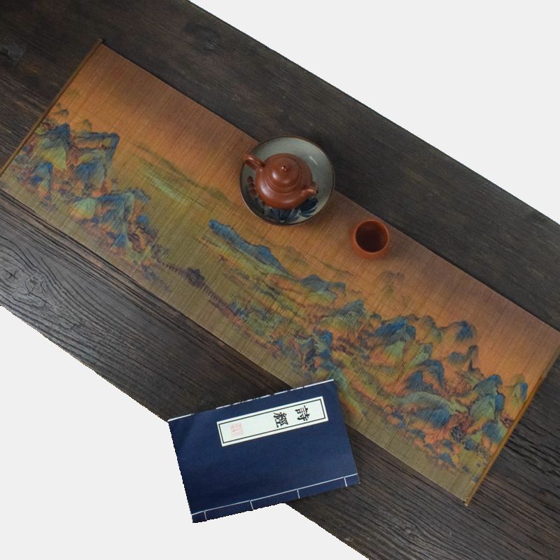 Chinese Ancient Painting Tea Mat Handmade Bamboo Mat Zen Tea Mat Table Runner Table Mat