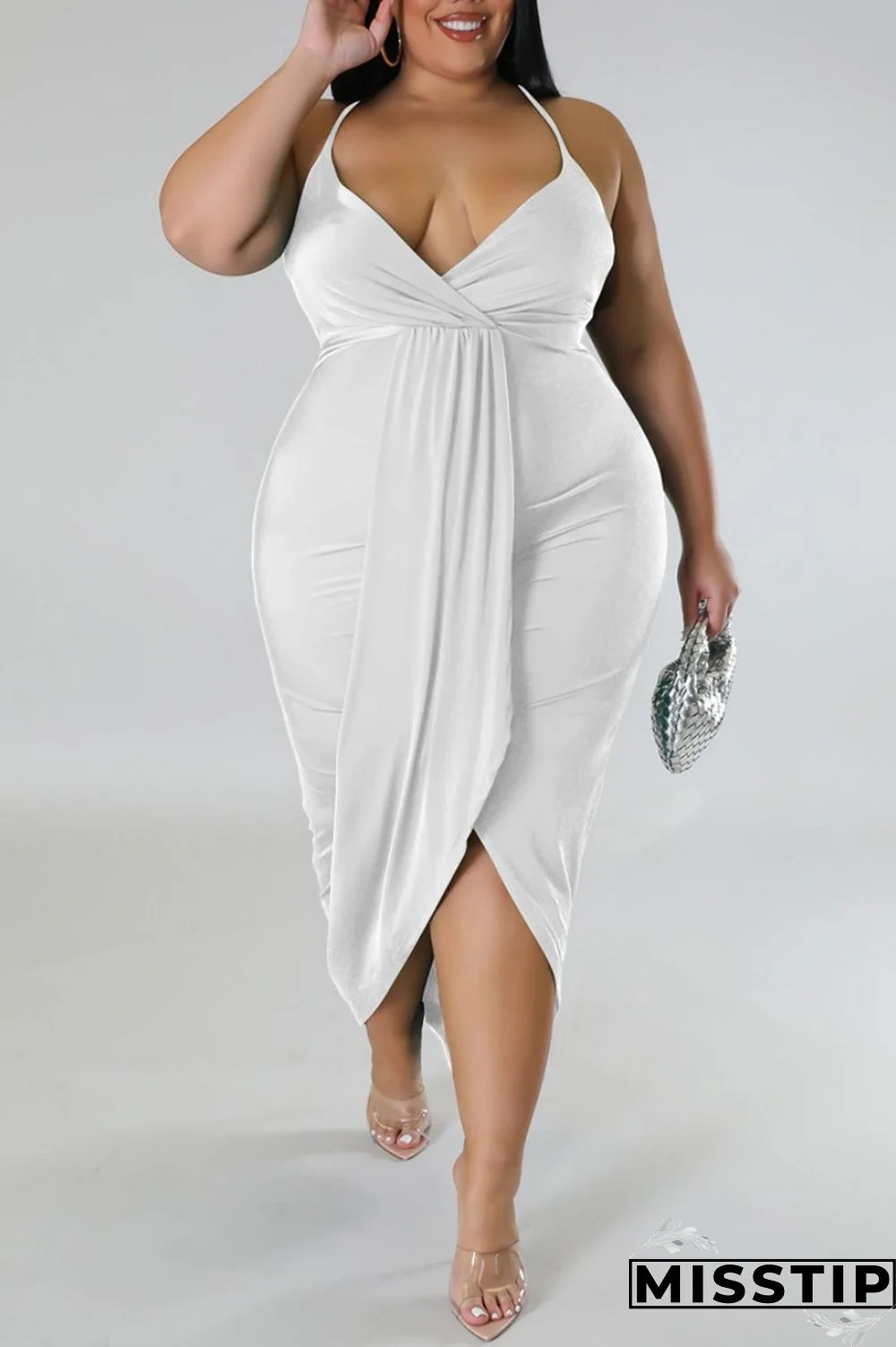 Purple Sexy Solid Patchwork Backless V Neck Sling Dress Plus Size Dresses