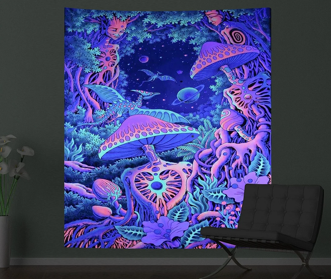 Mushroom Psychedelic Fluorescence Tapestry Wall Hanging Cloth Bedroom Decor Psychedelic Art Poster Glow Under Ultraviolet Light